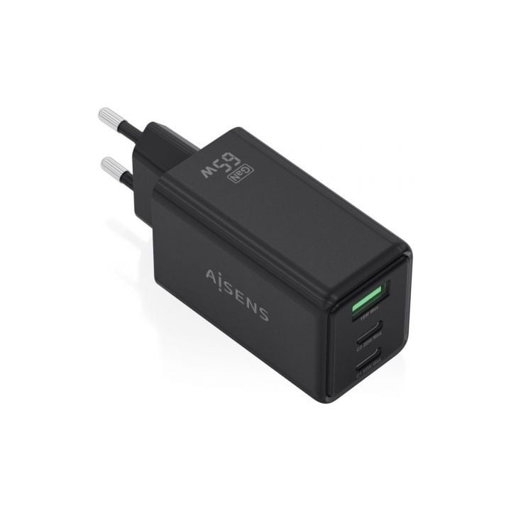 Cargador de Pared GaN Aisens ASCH-65W3P073-BK/ 2xUSB Tipo-C/ 1xUSB/ 65W/ Negro