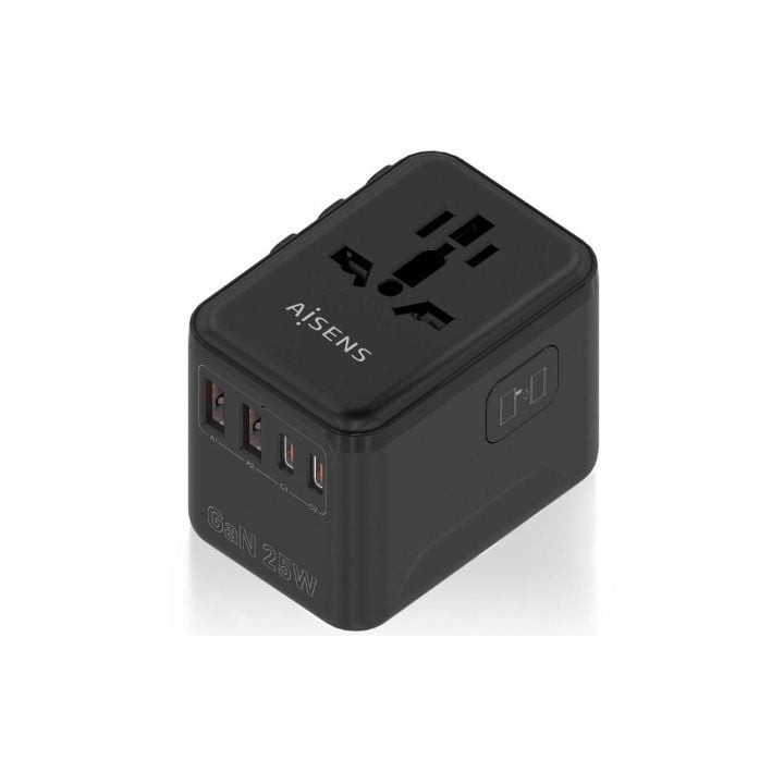 Cargador de Pared Universal GaN para Viaje Aisens ASPS-2A2C08-BK/ Toma de Corriente Universal/ 2xUSB Tipo-C/ 2xUSB/ 25W