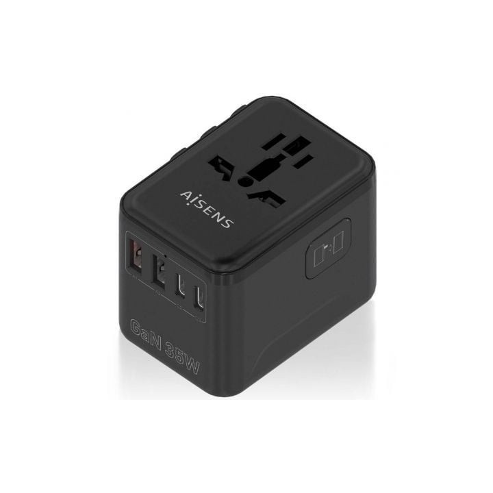 Cargador de Pared Universal GaN para Viaje Aisens ASPS-2A3C09-BK/ Toma de Corriente Universal/ 3xUSB Tipo-C/ 2xUSB/ 35W