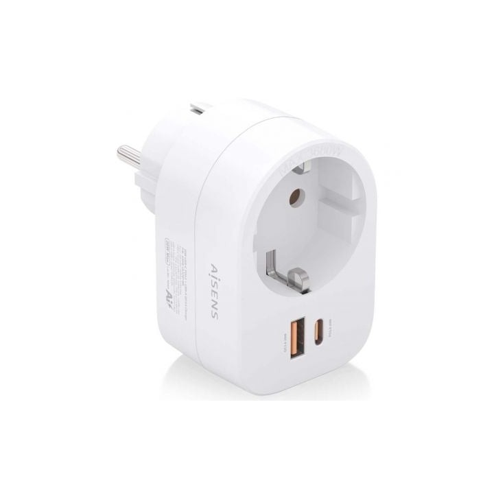 Enchufe Aisens ASPS-1A1C06-W/ 1 Toma de Corriente/ 1 USB Tipo-C PD/ 1 USB/ Blanco