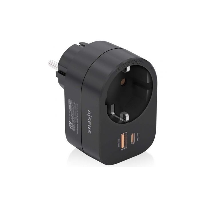 Enchufe Aisens ASPS-1A1C07-BK/ 1 Toma de Corriente/ 1 USB Tipo-C PD/ 1 USB/ Negro