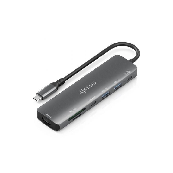 Docking USB Tipo-C Aisens ASUC-7P026-GR/ 1xHDMI 4K/ 2xUSB/ 1xUSB Tipo-C / 1xUSB Tipo-C PD/ 1xLector Tarjetas/ Gris