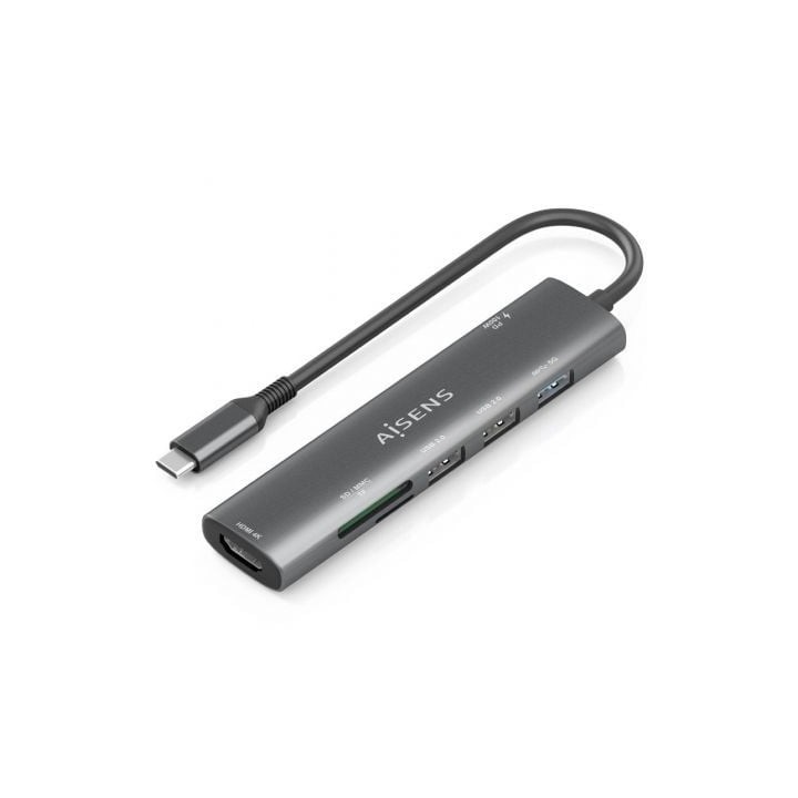 Docking USB Tipo-C Aisens ASUC-7P027-GR/ 1xHDMI 4K/ 3xUSB/ 1xUSB Tipo-C PD/ 1xLector Tarjetas/ Gris