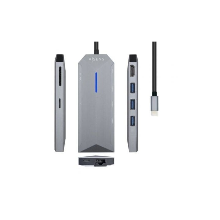 Docking USB Tipo-C Aisens ASUC-8P004-GR/ 1xHDMI 4K/ 3xUSB/ 1xRJ45/ 1xLector Tarjetas / 1xUSB Tipo-C PD/ Gris