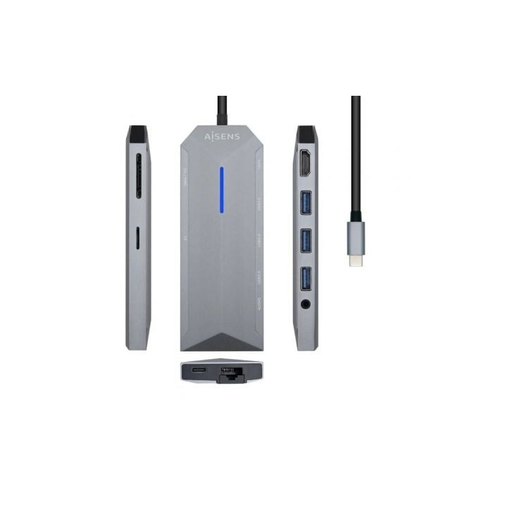 Docking USB Tipo-C Aisens ASUC-9P001-GR/ 1xHDMI 4K/ 3xUSB/ 1xRJ45/ 1xAudio/ 1xLector Tarjetas / 1xUSB Tipo-C PD/ Gris
