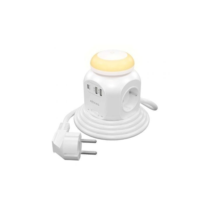 Regleta con Interruptor y Luz Nocturna Aisens ASPS-2A1CLPQ02-W/ 4 Tomas de Corriente/ 1 USB Tipo-C PD/ 2 USB/ Cable 1.8m/ Blanc