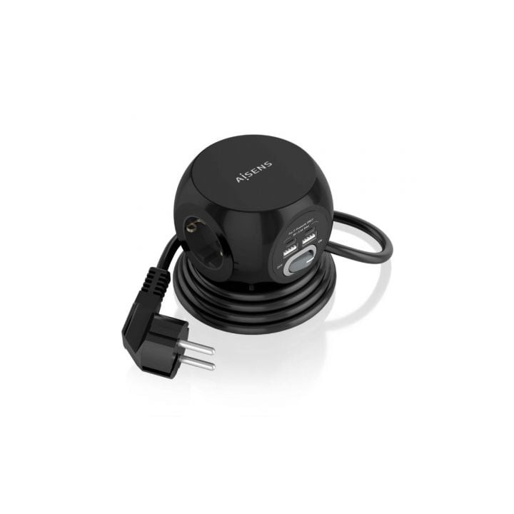 Regleta con Interruptor Aisens ASPS-2A2C05-BK/ 3 Tomas de Corriente/ 2 USB Tipo-C/ 2 USB/ Cable 1.4m/ Negro