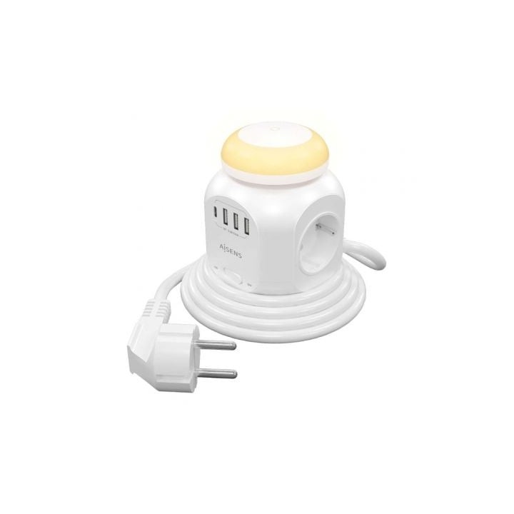 Regleta con Interruptor y Luz Nocturna Aisens ASPS-3A1CL01-W/ 4 Tomas de Corriente/ 1 USB Tipo-C/ 3 USB/ Cable 1.8m/ Blanco