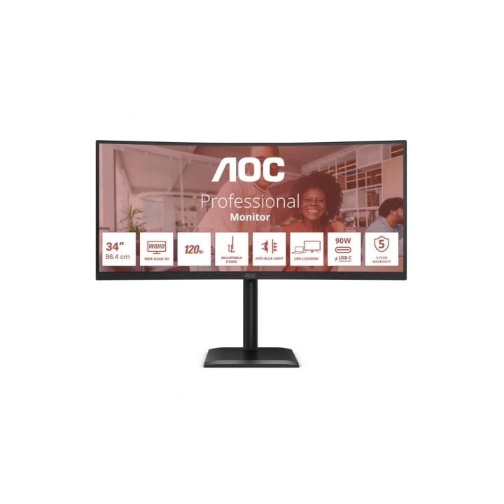 Monitor Profesional Ultrapanorámico Curvo AOC CU34E4CV 34"/ WQHD/ Multimedia/ Regulable en altura/ Negro
