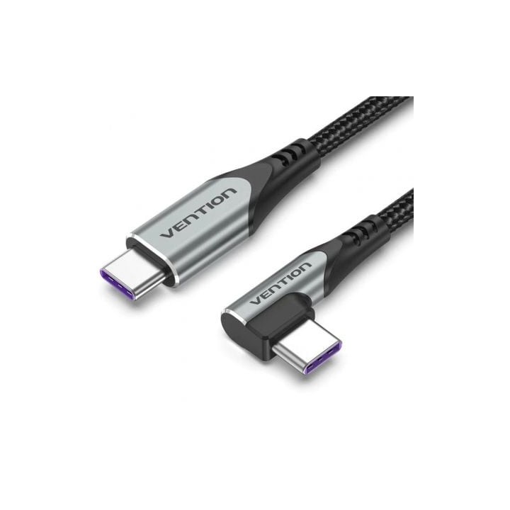 Cable USB 2.0 Tipo-C 90º Vention TAKHF/ USB Tipo-C Macho - USB Tipo-C Macho/ Hasta 100W/ 480Mbps/ 1m/ Gris