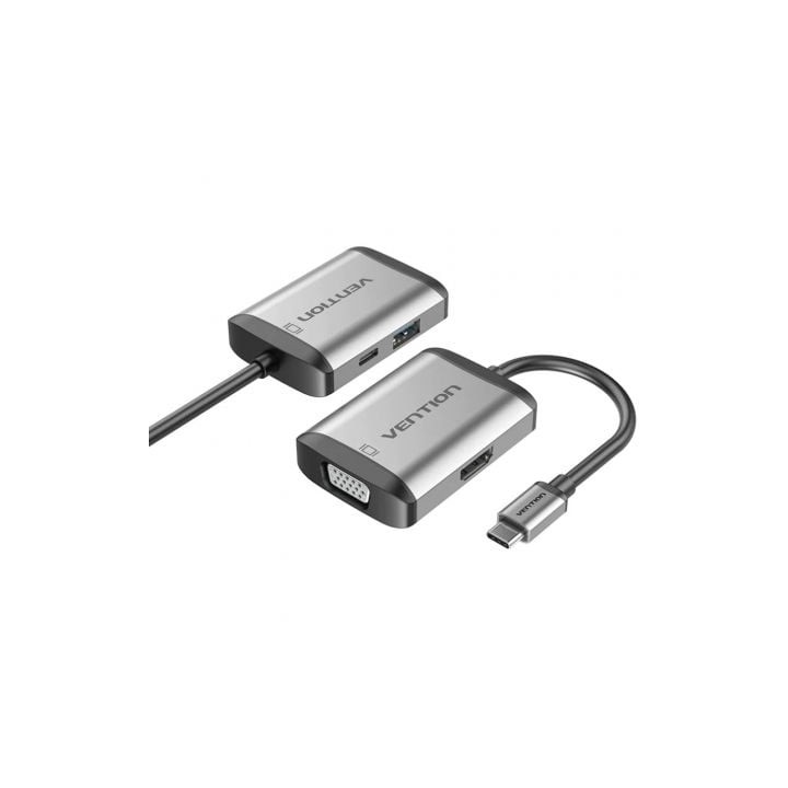 Conversor Vention TFAHB/ 1xUSB/ 1xHDMI/ 1xVGA/ 1xUSB Tipo-C PD/ Gris