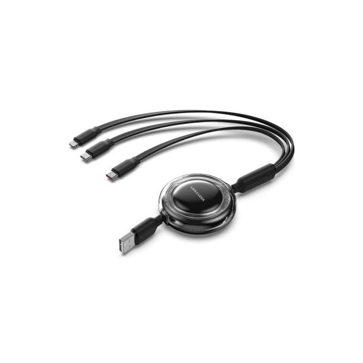Cable USB Retráctil Vention TRJBBE/ USB Macho - Lightning/ 2xUSB Tipo-C/ Hasta 17.5W/ 10Gbps/ 1.1m/ Negro