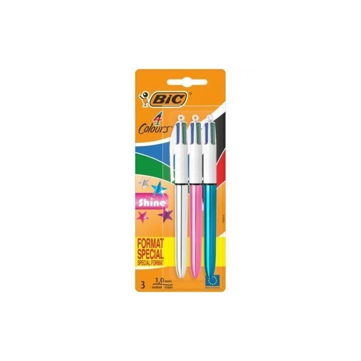 Bolígrafos de Tinta de Aceite Retráctil Bic 4 Colors Shine 9122751/ 3 unidades/ 4 Colores de Tinta/ Cuerpo Color Brillante