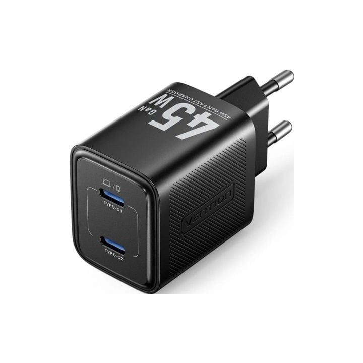 Cargador de Pared GaN Vention FEFB0-EU/ 2xUSB Tipo-C/ 45W