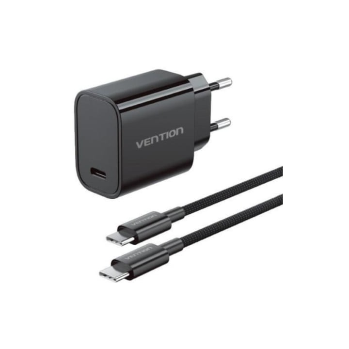Cargador de Pared GaN Vention G18B0-EU/ 1xUSB Tipo-C + Cable USB Tipo-C/ 30W