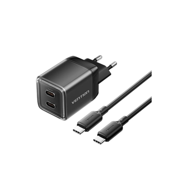 Cargador de Pared GaN Vention TZ-FCFB0-EU/ 2xUSB Tipo-C + Cable USB Tipo-C/ 45W