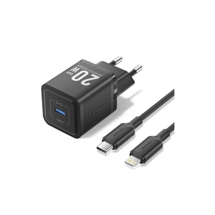 Cargador de Pared GaN Vention TZ-FEPB0-EU-02/ 1xUSB Tipo-C + Cable Lightning/ 20W
