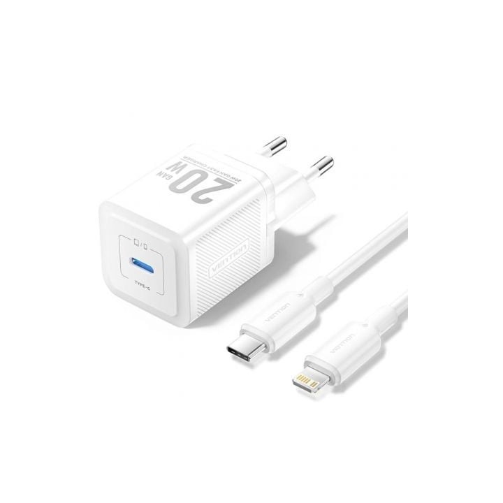 Cargador de Pared GaN Vention TZ-FEPW0-EU-02/ 1xUSB Tipo-C + Cable Lightning/ 20W