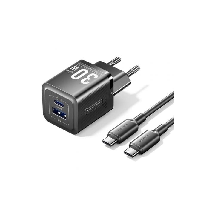 Cargador de Pared GaN Vention TZ-FEQB0-EU-01/ 1xUSB Tipo-C/ 1xUSB + Cable USB Tipo-C/ 30W