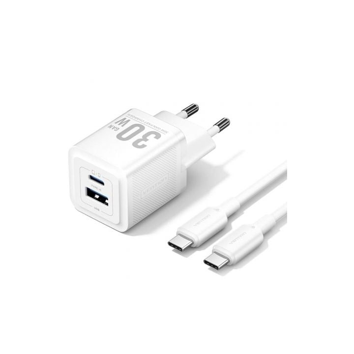 Cargador de Pared GaN Vention TZ-FEQW0-EU-01/ 1xUSB Tipo-C/ 1xUSB + Cable USB Tipo-C/ 30W
