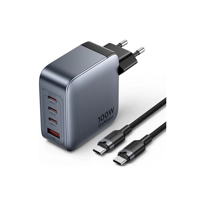 Cargador de Pared GaN Vention TZ-FETH0-EU/ 3xUSB Tipo-C/ 1xUSB/ 100W