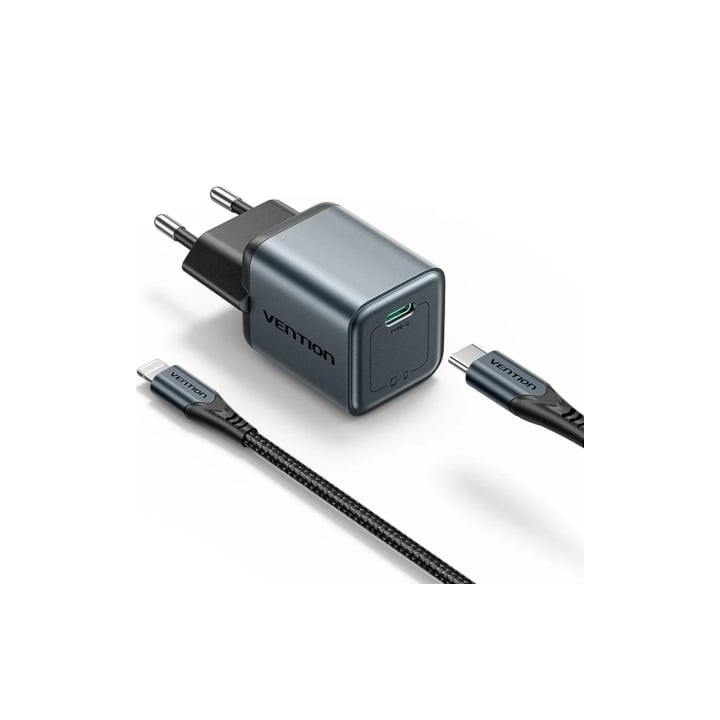 Cargador de Pared GaN Vention TZ-FEVH0-EU/ 1xUSB Tipo-C + Cable Lightning/ 20W