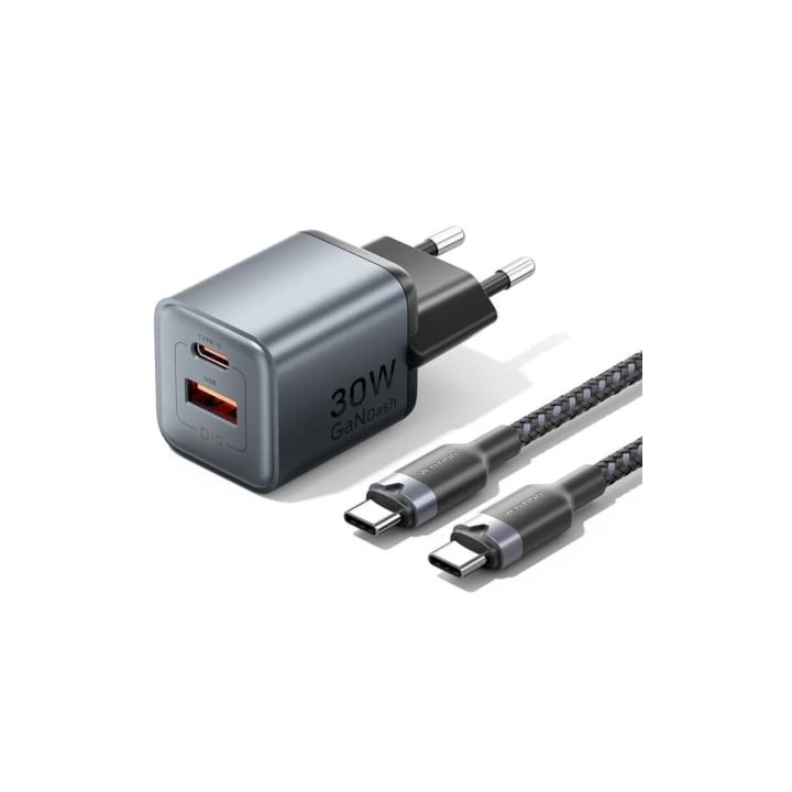Cargador de Pared GaN Vention TZ-FEWH0-EU/ 1xUSB Tipo-C/ 1xUSB/ 30W