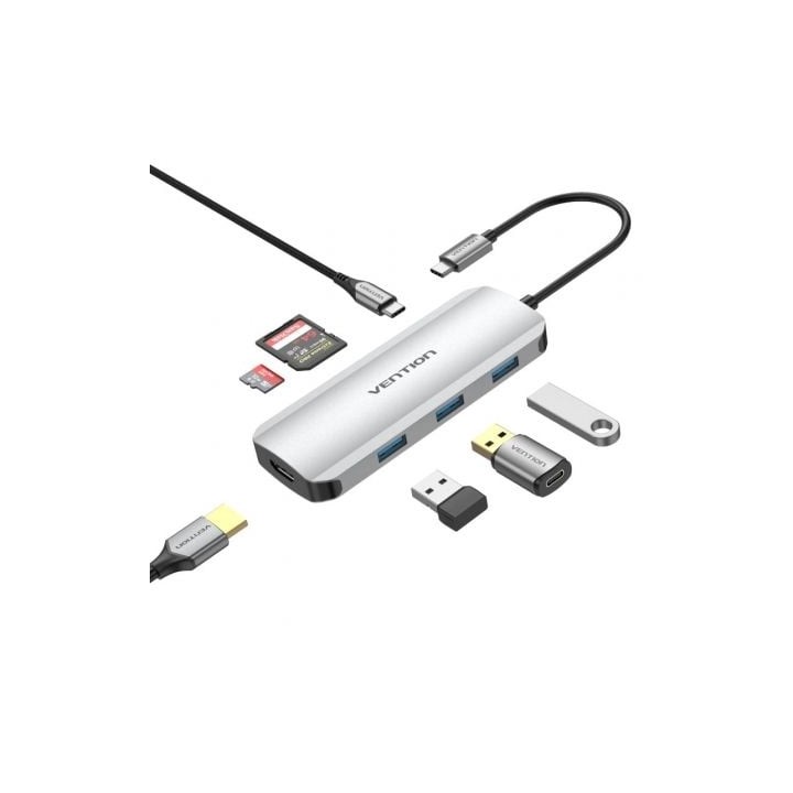 Docking USB Tipo-C Vention TOJHB/ 1xHDMI 4K/ 3xUSB/ 1xUSB Tipo-C/ 1xLector Tarjetas/ Gris