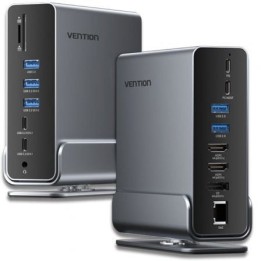 Docking USB Tipo-C Vention TPUH0/ 2xHDMI 4K/ 1xDisplayPort/ 3xUSB Tipo-C/ 5xUSB/ 1xRJ45/ 1xLector de Tarjetas/ 1xJack 3.5/ 1xUS