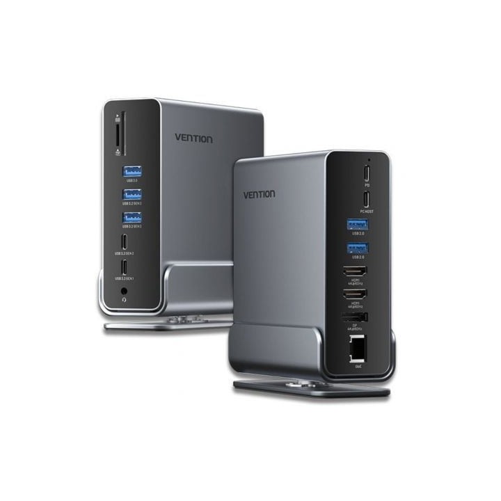 Docking USB Tipo-C Vention TPUH0/ 2xHDMI 4K/ 1xDisplayPort/ 3xUSB Tipo-C/ 5xUSB/ 1xRJ45/ 1xLector de Tarjetas/ 1xJack 3.5/ 1xUS
