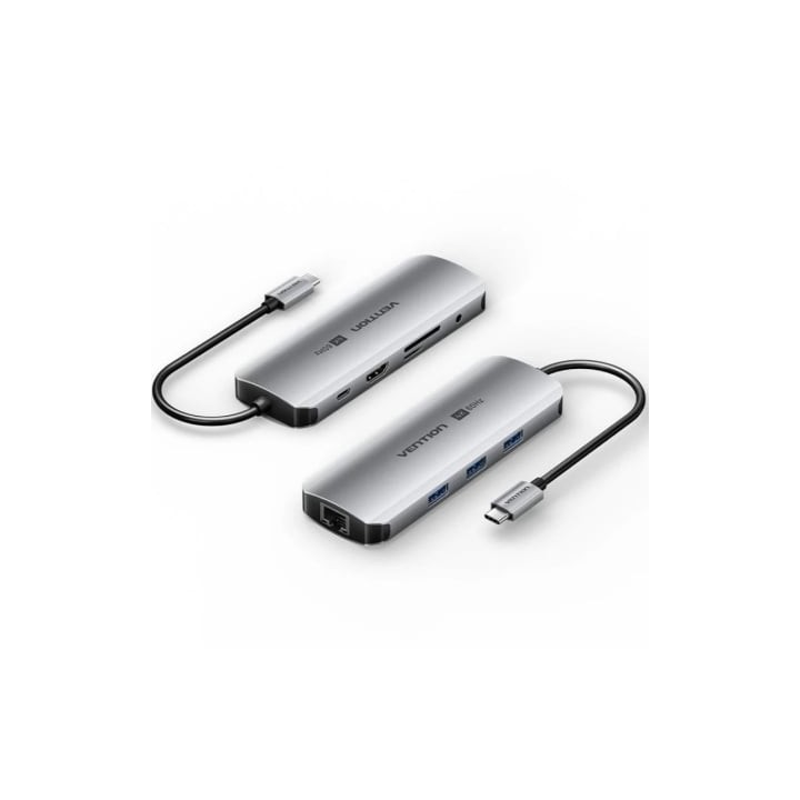 Docking USB Tipo-C Vention TQLHB/ 1xHDMI 4K/ 3xUSB/ 1xUSB Tipo-C PD/ 1xRJ45/ 1xJack 3.5mm/ 1xLector de Tarjetas/ Gris
