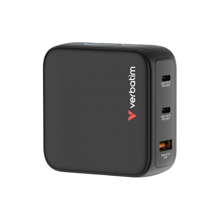 Cargador de Pared Universal GaN para Viaje Verbatim Mini GaN Charger Con Pantalla/ 2xUSB Tipo-C/ 1xUSB/ 100W