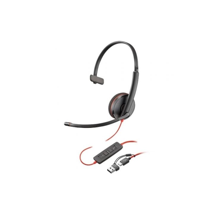 Auricular Poly Blackwire 3210 + Adaptador USB-C/A/ con Micrófono/ USB Tipo-C/ Bulk/ Negro