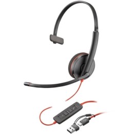 Auricular Poly Blackwire 3210 + Adaptador USB-C/A/ con Micrófono/ USB Tipo-C/ Negro