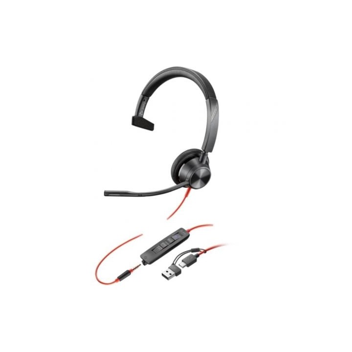 Auricular Poly Blackwire 3315 para Microsoft Teams + Adaptador USB-C/A/ con Micrófono/ Jack 3.5/ Negro