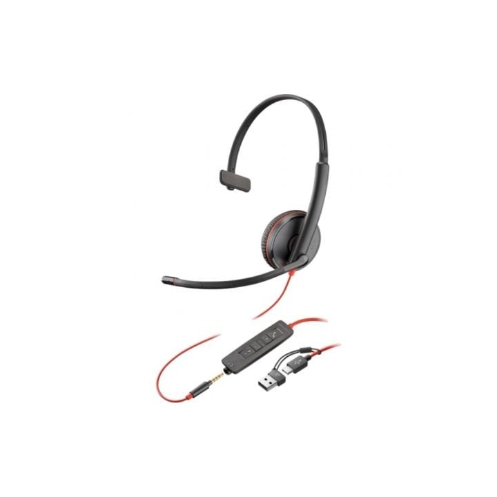 Auricular Poly Blackwire 3215 + 3.5mm + Adaptador USB-C/A/ con Micrófono/ Jack 3.5 - USB Tipo-C/ Bulk/ Negro