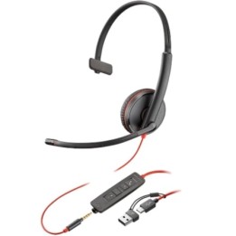 Auricular Poly Blackwire 3215 + Adaptador USB-C/A/ con Micrófono/ Jack 3.5mm/ Negro