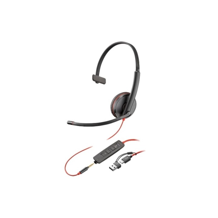 Auricular Poly Blackwire 3215 + Adaptador USB-C/A/ con Micrófono/ Jack 3.5mm/ Negro