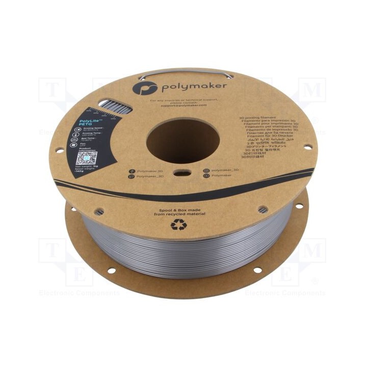Filamento: PET-G 1,75mm prateado 230÷240°C 1kg PolyLite™