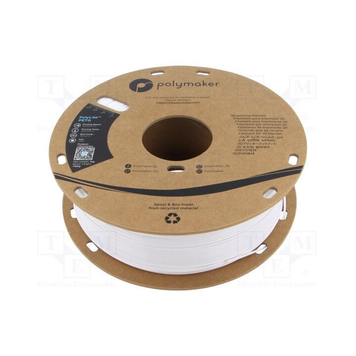 Filamento: PET-G 1,75mm branca 230÷240°C 1kg PolyLite™