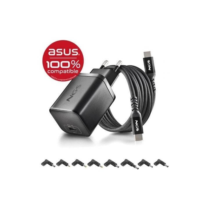 Cargador de Portátil GaN NGS BUD65W-AS para Asus/ 1xUSB Tipo-C/ 65W/ Automático/ 8 Conectores/ Voltaje 5-20V