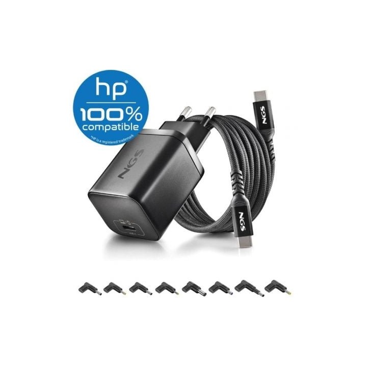 Cargador de Portátil GaN NGS BUD65W-H para HP/ 1xUSB Tipo-C/ 65W/ Automático/ 8 Conectores/ Voltaje 5-20V