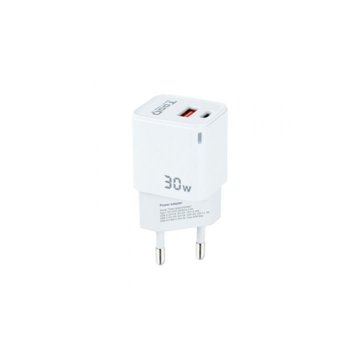 Cargador de Pared GaN TooQ TQWC-GANQCPD30WT/ 1xUSB Tipo-C/ 1xUSB/ 30W