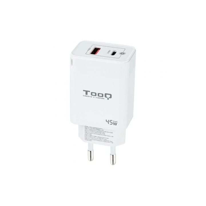 Cargador de Pared GaN TooQ TQWC-GANQCPD45WT/ 1xUSB Tipo-C/ 1xUSB/ 45W