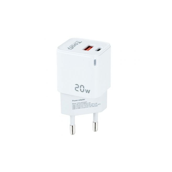 Tooq Cargador pared USB-C/PD+USB-A/QC 20W