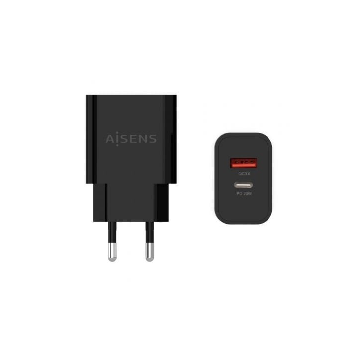 Aisens Cargador 20W USB-C PD3.0 USB-A QC3.0 Negro