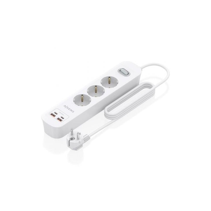 Regleta con Interruptor Aisens ASPS-2A2C10-W/ 3 Tomas de Corriente/ 2 USB - 2 USB Tipo-C/ Cable 1.4m/ Blanco