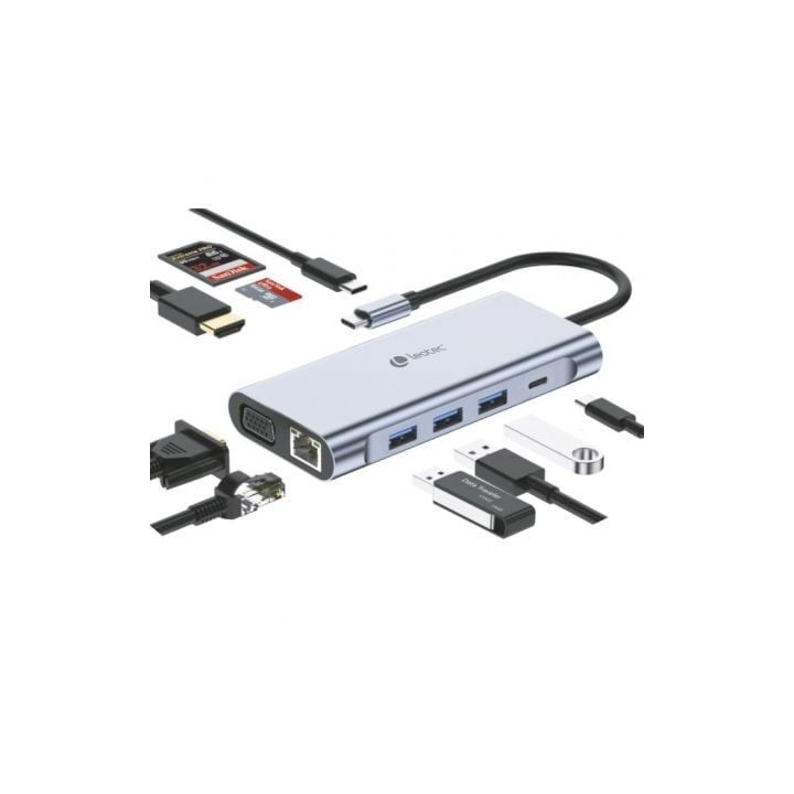 Docking USB Tipo-C Leotec LEDS01/ 3xUSB/ 2xUSB Tipo-C/ 1xUSB Tipo-C PD/ 1xHDMI 4K/ 1xVGA/ 1xRJ45/ 1xAudio/ 1xLector Tarjetas SD