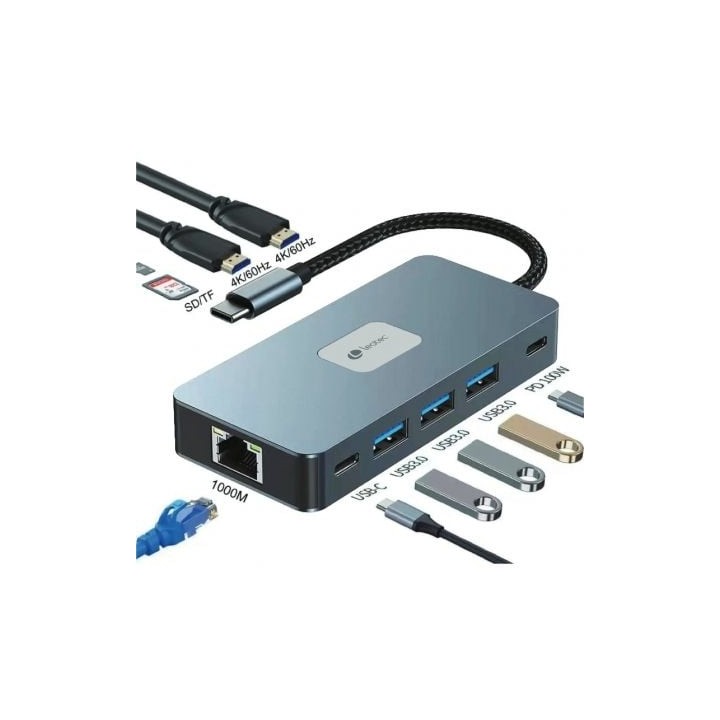 Docking USB Tipo-C Leotec LEDS02/ 3xUSB/ 1xUSB Tipo-C/ 1xUSB Tipo-C PD/ 2xHDMI 4K/ 1xRJ45/ 1xLector Tarjetas SD y MicroSD/ Gris