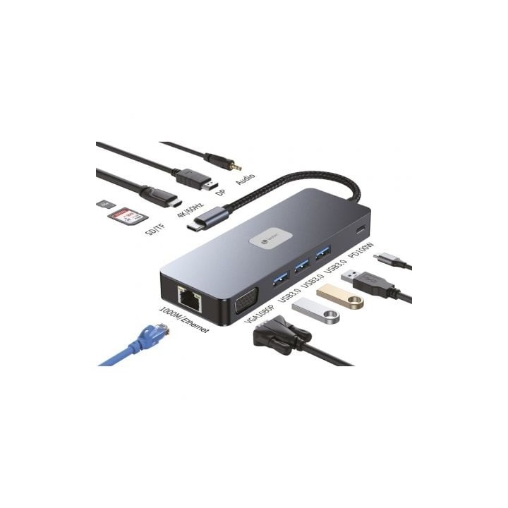 Docking USB Tipo-C Leotec LEDS03/ 3xUSB/ 1xUSB Tipo-C PD/ 1xHDMI 4K/ 1xDisplayPort/ 1xVGA/ 1xAudio/ 1xRJ45/ 1xLector Tarjetas S
